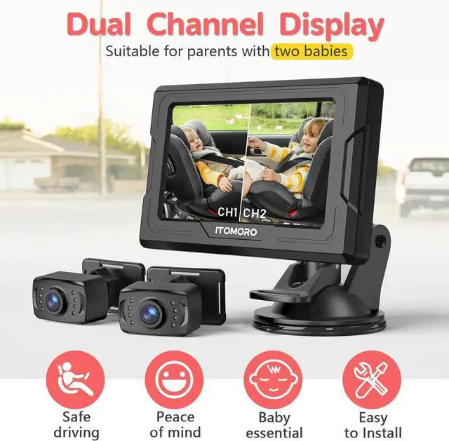 Alt view image 2 of 7 - Baby Car Camera HD 1080P Dual-Channel Display Car Baby Camera with 2 IR Night Vision Camera, Easily Install 4.3'' Car Camera for Baby with Crystal Clear Wide View for Rear Facing Seat