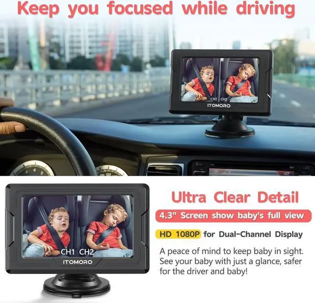 Alt view image 6 of 7 - Baby Car Camera HD 1080P Dual-Channel Display Car Baby Camera with 2 IR Night Vision Camera, Easily Install 4.3'' Car Camera for Baby with Crystal Clear Wide View for Rear Facing Seat