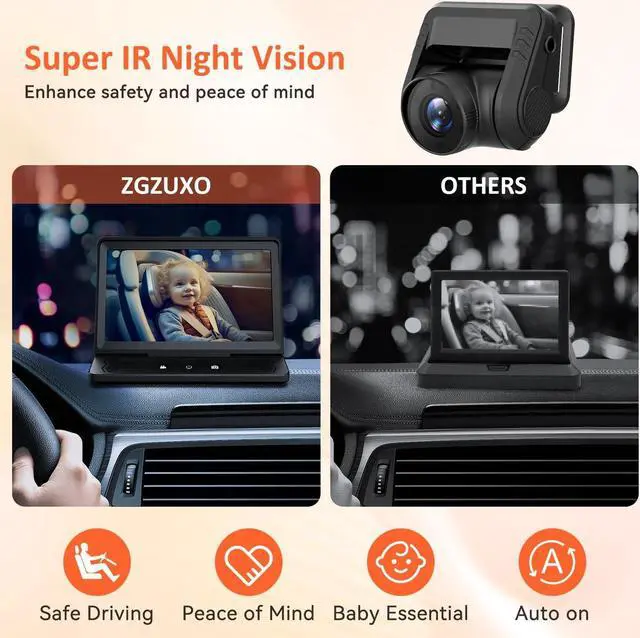 Alt view image 6 of 7 - Baby Car Camera HD 1440P Recording, 5 Screen Baby Car Monitor with Full-Color Night Vision Camera, Infant Safety Baby Car Mirror Rear Facing for Backseat, Wide Clear View, Easy Installation