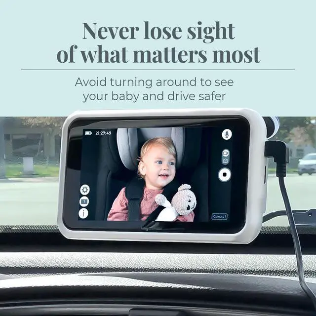 Alt view image 2 of 7 - Traveler Baby Monitor - Tiny Basic Kit (TT002) - Baby Car Monitor Camera with Sound, Auto Night Vision HD 720p 5" Touchscreen LCD Monitor, Rear Facing Car Seat Camera, White