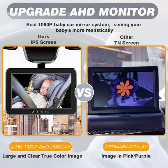 Alt view image 2 of 7 - Baby Car Mirror,ATOROBROS Upgrade AHD 1080P Baby Car Camera for Rear-Facing Seat,4.3'' Car Back Seat Mirror for Children Infants Kids,1080P IR Night Vision,Upgrade 360° Rearview Mirror Display Bracket