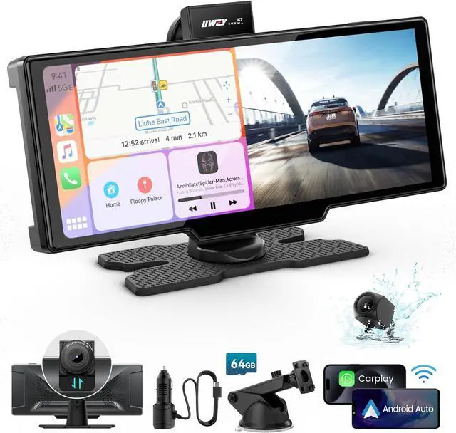 Main image of Portable  Carplay Screen, 10 Car Stereo Wireless Car Play & Android Auto Touch Screen, 4K Dash Cam, 1080P Backup Camera, Mirror Link/Voice Control/Music Play/GPS Navigation