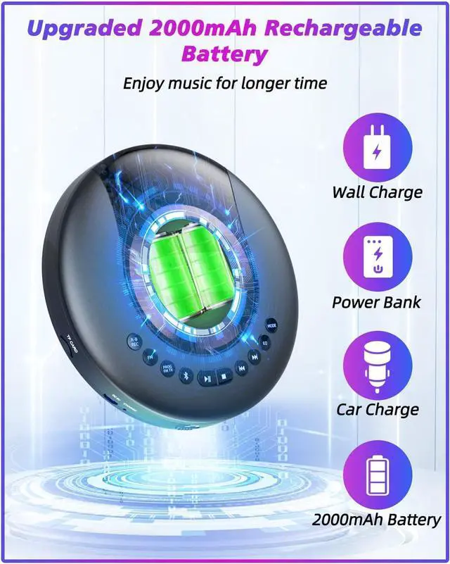 Alt view image 4 of 7 - CD Player Portable ARAFUNA, Portable CD Player Bluetooth with FM Radio, 2000mAh Rechargeable CD Player for Car with LCD Screen, Anti Shock Protection Walkman CD Player with Headphone, AUX Cable