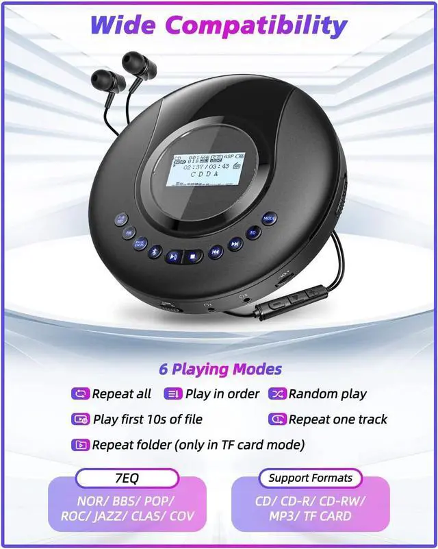 Alt view image 6 of 7 - CD Player Portable ARAFUNA, Portable CD Player Bluetooth with FM Radio, 2000mAh Rechargeable CD Player for Car with LCD Screen, Anti Shock Protection Walkman CD Player with Headphone, AUX Cable
