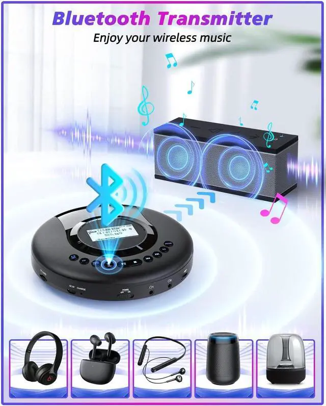 Alt view image 2 of 7 - CD Player Portable ARAFUNA, Portable CD Player Bluetooth with FM Radio, 2000mAh Rechargeable CD Player for Car with LCD Screen, Anti Shock Protection Walkman CD Player with Headphone, AUX Cable