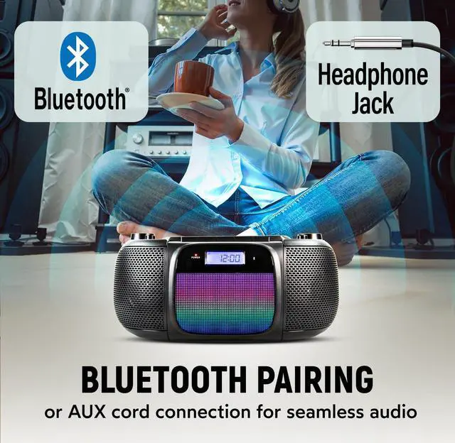Alt view image 5 of 7 - MD6972 Portable Top Loading CD Boombox with Digital AM/FM Stereo Radio, Color Changing Lights, and Bluetooth Wireless Technology | CD-R/CD-RW Compatible | LCD Display |