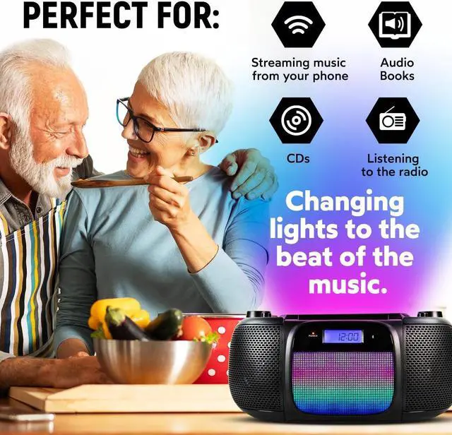 Alt view image 7 of 7 - MD6972 Portable Top Loading CD Boombox with Digital AM/FM Stereo Radio, Color Changing Lights, and Bluetooth Wireless Technology | CD-R/CD-RW Compatible | LCD Display |