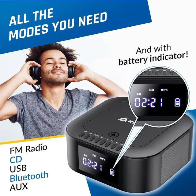 Alt view image 3 of 7 - Boombox E1 - CD Player Portable Audio System + Extra BASS with Subwoofer + FM Radio, CD MP3 Bluetooth AUX USB + Wired and Wireless Mode Rechargeable Battery + Remote Control