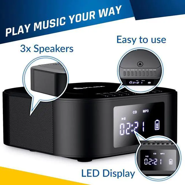 Alt view image 6 of 7 - Boombox E1 - CD Player Portable Audio System + Extra BASS with Subwoofer + FM Radio, CD MP3 Bluetooth AUX USB + Wired and Wireless Mode Rechargeable Battery + Remote Control