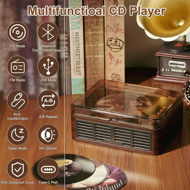 Alt view image 2 of 7 - Portable CD Player Bluetooth with Speakers - Lehwey Desktop CD Players for Home, Built-in Dual Stereo Speakers, FM Radio, Repeat, Remote Control, Supports USB/AUX/Type-C, Retro Gift, for Kids, Brown