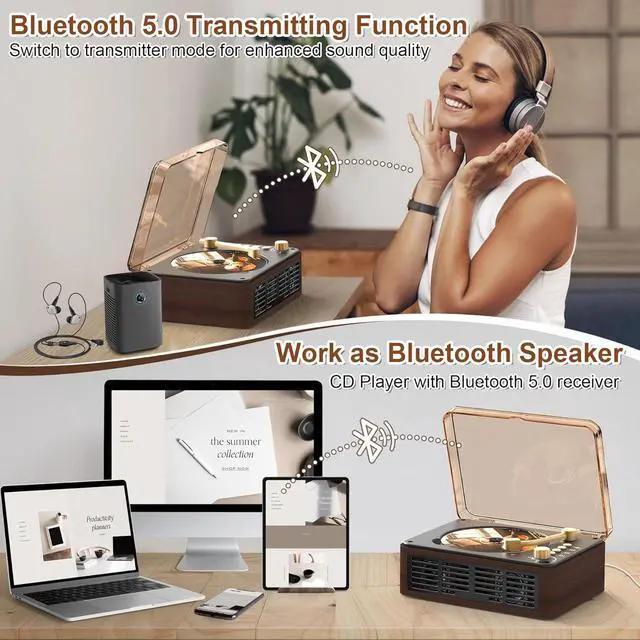 Alt view image 3 of 7 - Portable CD Player Bluetooth with Speakers - Lehwey Desktop CD Players for Home, Built-in Dual Stereo Speakers, FM Radio, Repeat, Remote Control, Supports USB/AUX/Type-C, Retro Gift, for Kids, Brown