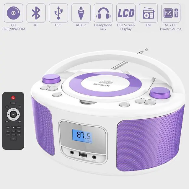 Alt view image 2 of 7 - CD Radio Portable CD Player Boombox with Bluetooth,FM Radio,Remote Control,USB Input and 3.5mm AUX Headphone Jack,CD-R/CD-RW/MP3/WMA Playback,AC/Battery Powered(WTB-791Purple)