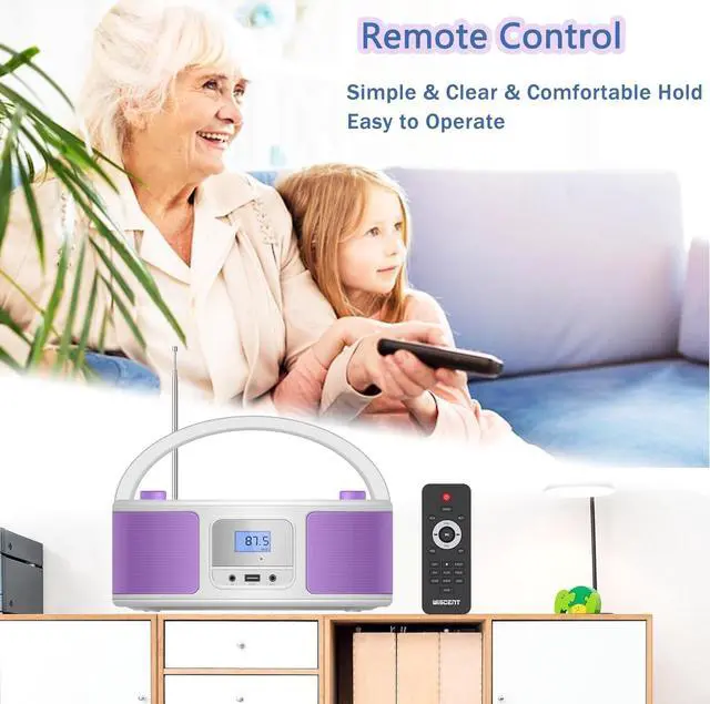 Alt view image 3 of 7 - CD Radio Portable CD Player Boombox with Bluetooth,FM Radio,Remote Control,USB Input and 3.5mm AUX Headphone Jack,CD-R/CD-RW/MP3/WMA Playback,AC/Battery Powered(WTB-791Purple)