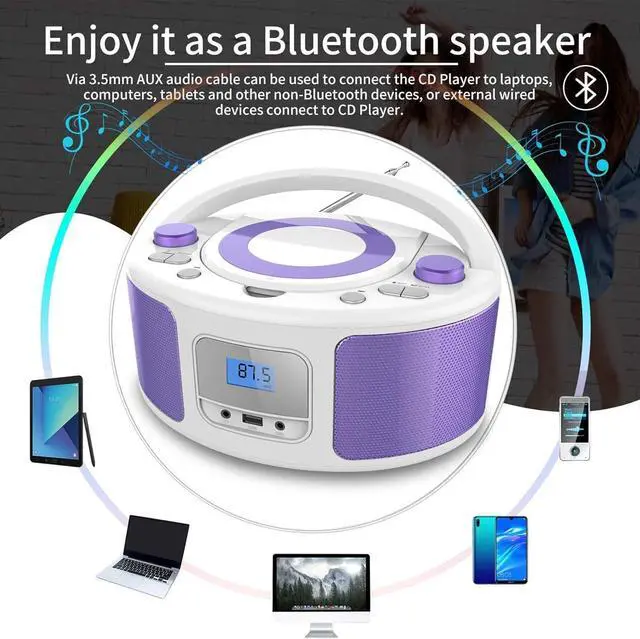 Alt view image 5 of 7 - CD Radio Portable CD Player Boombox with Bluetooth,FM Radio,Remote Control,USB Input and 3.5mm AUX Headphone Jack,CD-R/CD-RW/MP3/WMA Playback,AC/Battery Powered(WTB-791Purple)