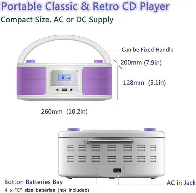 Alt view image 6 of 7 - CD Radio Portable CD Player Boombox with Bluetooth,FM Radio,Remote Control,USB Input and 3.5mm AUX Headphone Jack,CD-R/CD-RW/MP3/WMA Playback,AC/Battery Powered(WTB-791Purple)
