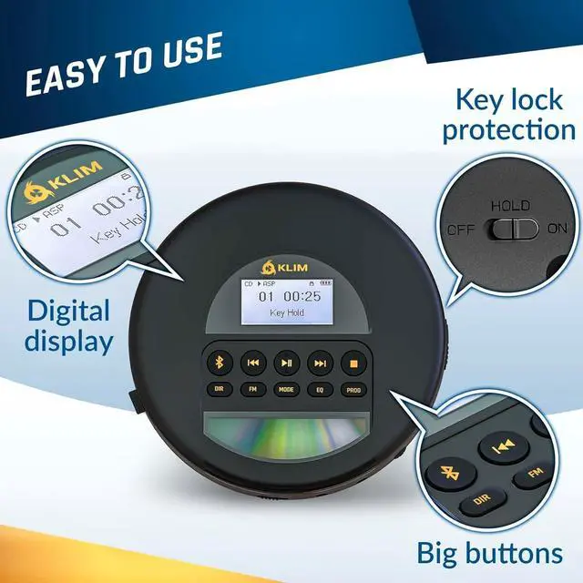 Alt view image 4 of 7 - Portable CD Player Walkman with Long-Lasting Battery - with Headphones - Radio FM - Compatible MP3 CD Player Portable - TF Card Radio FM Bluetooth - Ideal for Cars - Gold