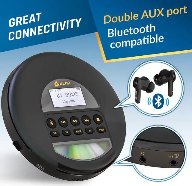 Alt view image 7 of 7 - Portable CD Player Walkman with Long-Lasting Battery - with Headphones - Radio FM - Compatible MP3 CD Player Portable - TF Card Radio FM Bluetooth - Ideal for Cars - Gold