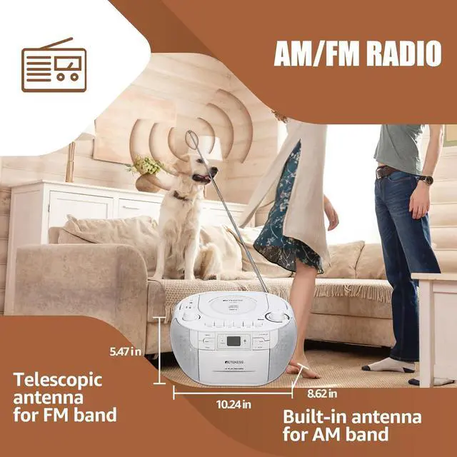 Alt view image 5 of 7 - TR621 CD and Cassette Player Combo, Portable Boombox AM FM Radio, Tape Recording, Stereo Sound with Remote Control, USB, Micro SD, for Family(White)