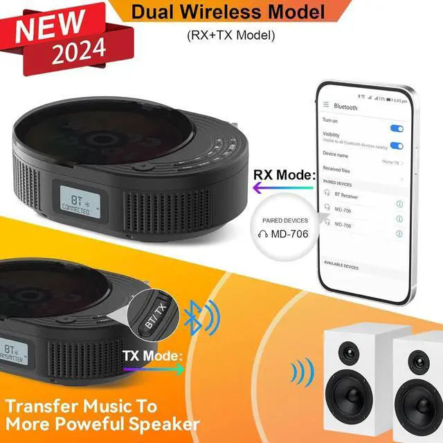 Alt view image 2 of 7 - CD Player Portable,MONODEAL Boombox CD Player with Bluetooth Transmitter,FM Radio & Bluetooth Speaker 2 in 1 Combo,Portable CD Player for Car/Home with Remote Control,Headphone Jack,Support AUX/USB