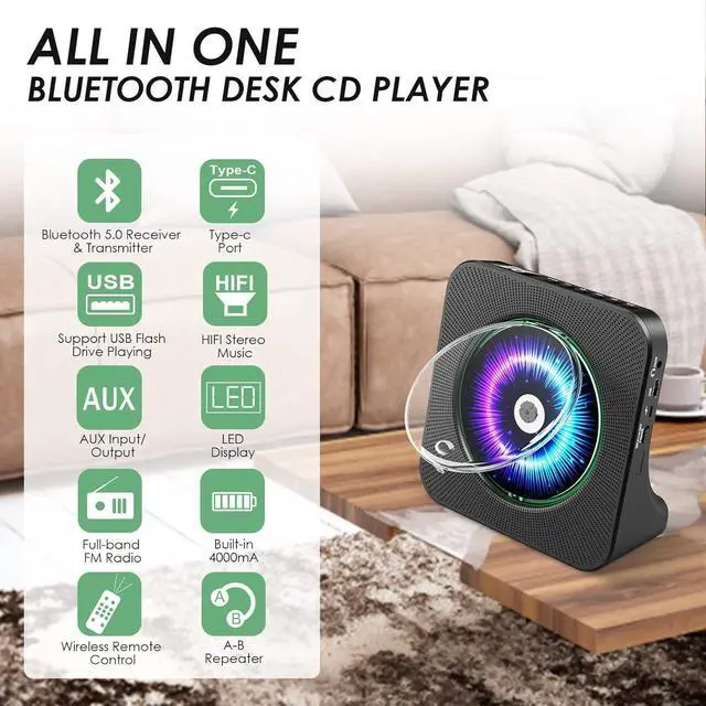 Alt view image 2 of 7 - CD Player Portable Bluetooth Desktop 4000mAh Rechargeable CD Player for Home CD Player with Timer HiFi Speakers Dust Cover LCD Screen Display FM Radio Type-c 3.5mm AUX Jack Remote Control