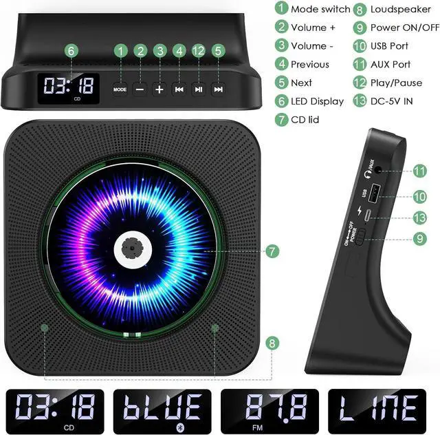 Alt view image 3 of 7 - CD Player Portable Bluetooth Desktop 4000mAh Rechargeable CD Player for Home CD Player with Timer HiFi Speakers Dust Cover LCD Screen Display FM Radio Type-c 3.5mm AUX Jack Remote Control