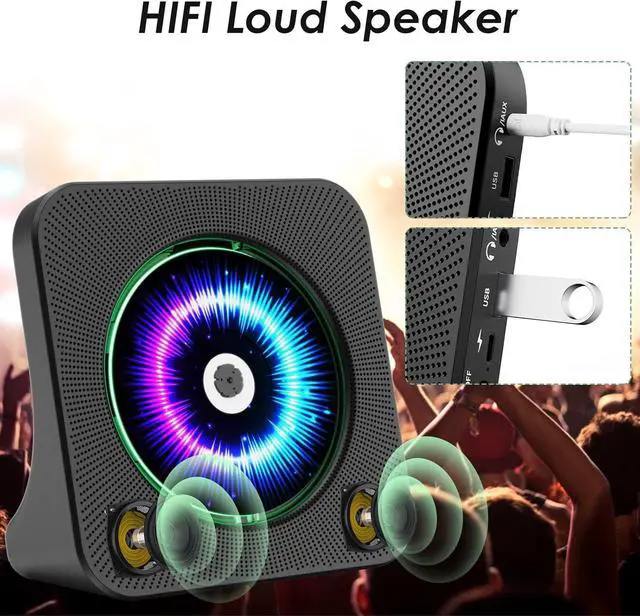 Alt view image 5 of 7 - CD Player Portable Bluetooth Desktop 4000mAh Rechargeable CD Player for Home CD Player with Timer HiFi Speakers Dust Cover LCD Screen Display FM Radio Type-c 3.5mm AUX Jack Remote Control