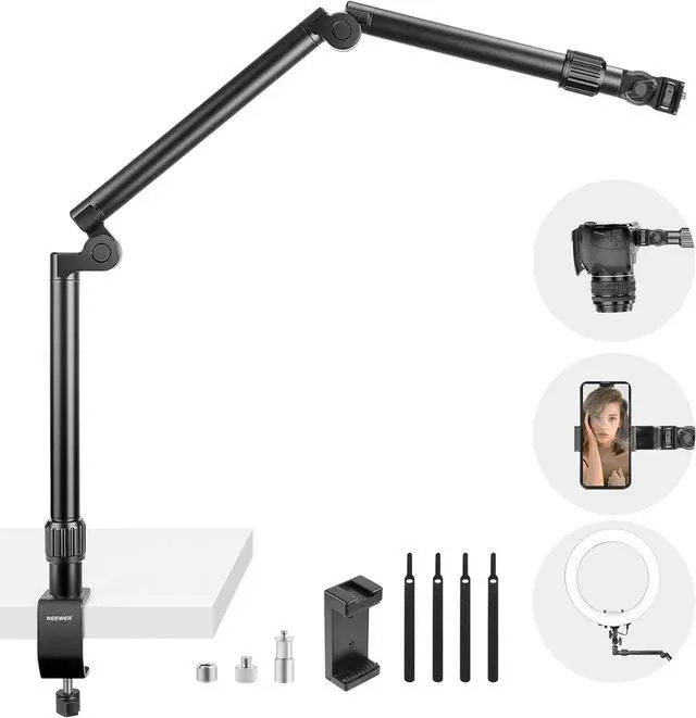 Main image of Flexible Overhead Camera Mount Desk Stand with Phone Holder, 35.4" Aluminum Alloy Articulating Webcam Stand Arm with C Clamp, Tabletop Mount for Ring Light Camera Smartphone Projector, ST3A