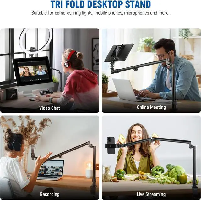 Alt view image 2 of 7 - Flexible Overhead Camera Mount Desk Stand with Phone Holder, 35.4" Aluminum Alloy Articulating Webcam Stand Arm with C Clamp, Tabletop Mount for Ring Light Camera Smartphone Projector, ST3A