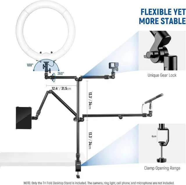Alt view image 4 of 7 - Flexible Overhead Camera Mount Desk Stand with Phone Holder, 35.4" Aluminum Alloy Articulating Webcam Stand Arm with C Clamp, Tabletop Mount for Ring Light Camera Smartphone Projector, ST3A