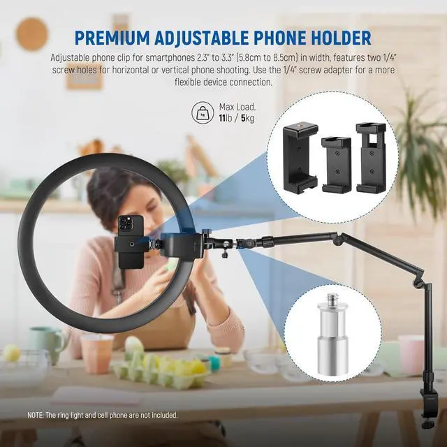 Alt view image 5 of 7 - Flexible Overhead Camera Mount Desk Stand with Phone Holder, 35.4" Aluminum Alloy Articulating Webcam Stand Arm with C Clamp, Tabletop Mount for Ring Light Camera Smartphone Projector, ST3A