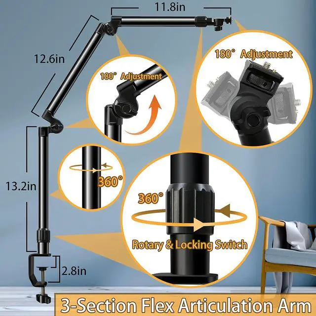 Alt view image 2 of 6 - Overhead Camera Mount Desk Stand, Bearing 18lb, Base& Top 360° Adjustable, with 1/4 3/8" 5/8" Screw, 3-Section Flexible Articulating Metal Arm for DSLR Camera/Webcam