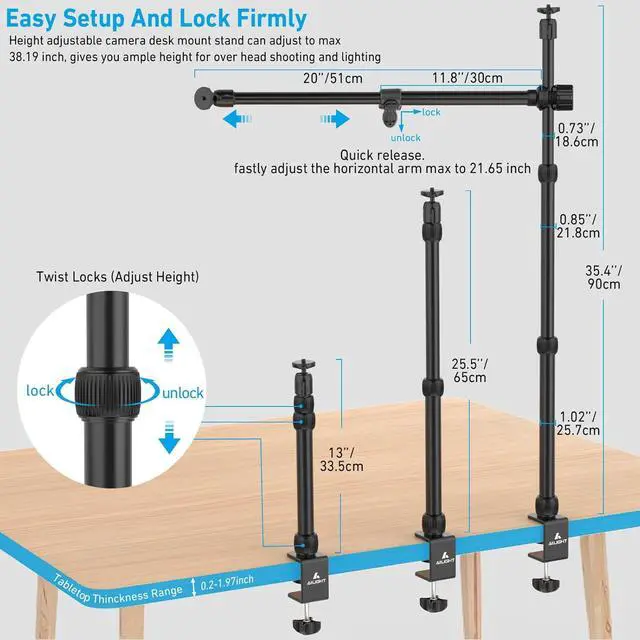 Alt view image 2 of 6 - Overhead Camera Mount Table Stand, 3-Section Adjustable Desk Stand and 2 Section Telescopic Arm with 1/4 Screw&360° Ball Head, C-clamp Tabletop Mount for DSLR Camera/Webcam/Microphone/Lights