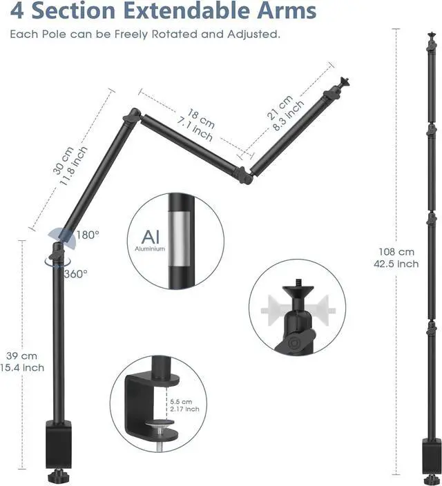 Alt view image 2 of 2 - Overhead Camera Mount Desk Stand, 40'' Articulated Arm DSLR Desk Mount Light Stand with 3/8'' 5/8'' Screw, C Clamp Tabletop Stand for Podcasting/Ring Light/Blue Yeti Nano/Webcam