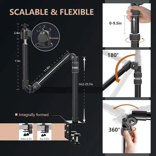 Alt view image 2 of 7 - All MetalDesktop Magic Arm, Overhead Camera Desk Mount, Table Light Stand with 1/4 Ball Head, 3/8" & 5/8" Adapter, C Clamp, Retractable Boom Arm for DSLR, Webcam, Microphone, Projector DMA01