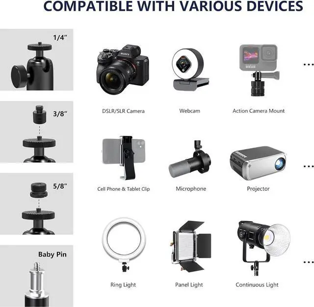 Alt view image 5 of 7 - All MetalDesktop Magic Arm, Overhead Camera Desk Mount, Table Light Stand with 1/4 Ball Head, 3/8" & 5/8" Adapter, C Clamp, Retractable Boom Arm for DSLR, Webcam, Microphone, Projector DMA01