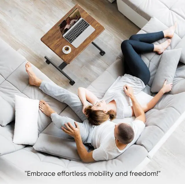 Alt view image 2 of 7 - Mobile Small Stading Desk - Sit Stand Desk, Portable Rolling Laptop Desk with Lockable Wheels, Overbed Table with Wheels Adjustable Height, Computer Workstations, Brown