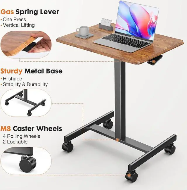 Alt view image 5 of 7 - Mobile Small Stading Desk - Sit Stand Desk, Portable Rolling Laptop Desk with Lockable Wheels, Overbed Table with Wheels Adjustable Height, Computer Workstations, Brown