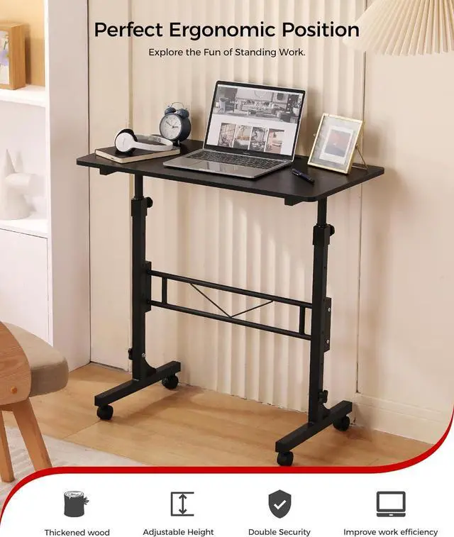Alt view image 2 of 7 - Standing Desk Adjustable Height, Mobile Stand Up Desk with Wheels Small Computer Desk Rolling Desk, Portable Laptop Desk Rustic Standing Table Sit Stand Home Office Desks 16"x31.5" Height 27"-43.5"