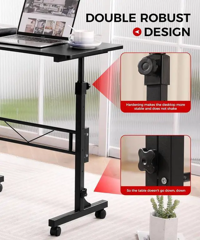 Alt view image 4 of 7 - Standing Desk Adjustable Height, Mobile Stand Up Desk with Wheels Small Computer Desk Rolling Desk, Portable Laptop Desk Rustic Standing Table Sit Stand Home Office Desks 16"x31.5" Height 27"-43.5"