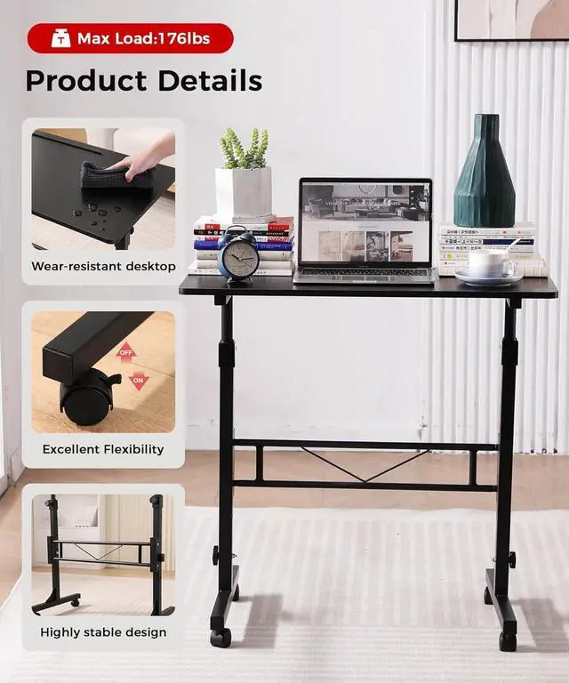 Alt view image 5 of 7 - Standing Desk Adjustable Height, Mobile Stand Up Desk with Wheels Small Computer Desk Rolling Desk, Portable Laptop Desk Rustic Standing Table Sit Stand Home Office Desks 16"x31.5" Height 27"-43.5"