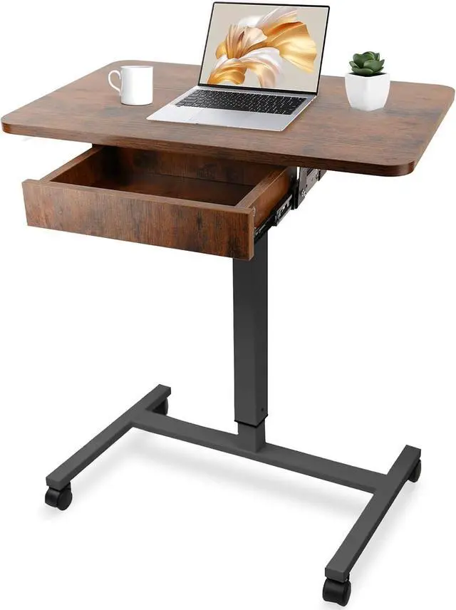 Main image of Mobile Laptop Standing Desk, Height Adjustable Teacher Podium with Lockable Wheels, Adjustable Work Table with Drawer, Computer Cart Overbed Table for Home Office Classroom, Brown