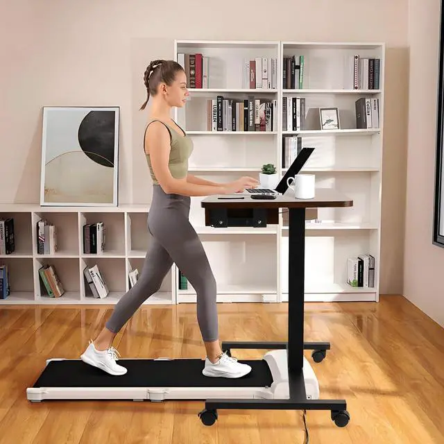Alt view image 2 of 7 - Mobile Laptop Standing Desk, Height Adjustable Teacher Podium with Lockable Wheels, Adjustable Work Table with Drawer, Computer Cart Overbed Table for Home Office Classroom, Brown