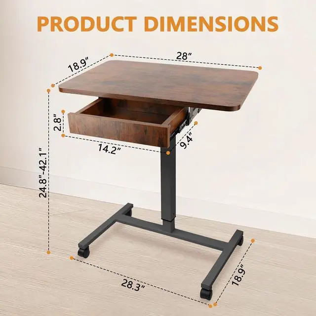 Alt view image 3 of 7 - Mobile Laptop Standing Desk, Height Adjustable Teacher Podium with Lockable Wheels, Adjustable Work Table with Drawer, Computer Cart Overbed Table for Home Office Classroom, Brown