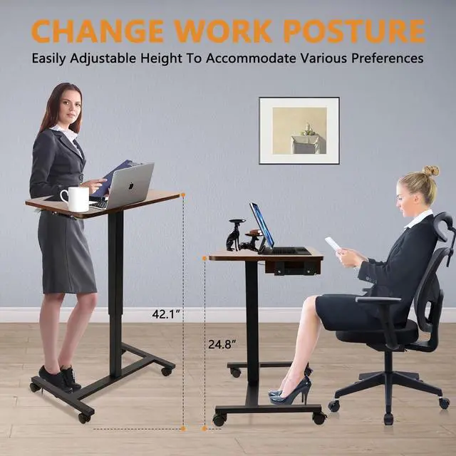 Alt view image 5 of 7 - Mobile Laptop Standing Desk, Height Adjustable Teacher Podium with Lockable Wheels, Adjustable Work Table with Drawer, Computer Cart Overbed Table for Home Office Classroom, Brown