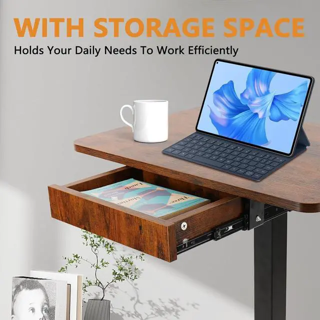 Alt view image 6 of 7 - Mobile Laptop Standing Desk, Height Adjustable Teacher Podium with Lockable Wheels, Adjustable Work Table with Drawer, Computer Cart Overbed Table for Home Office Classroom, Brown
