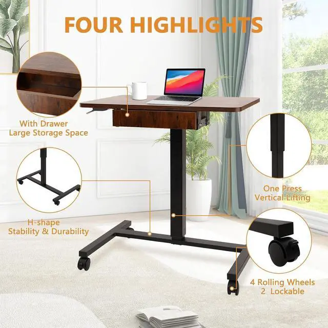 Alt view image 7 of 7 - Mobile Laptop Standing Desk, Height Adjustable Teacher Podium with Lockable Wheels, Adjustable Work Table with Drawer, Computer Cart Overbed Table for Home Office Classroom, Brown