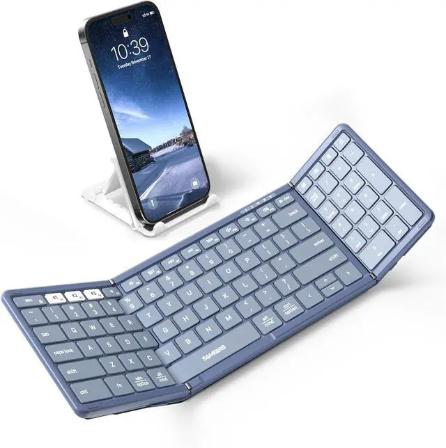 Main image of Samsers Foldable Bluetooth Keyboard with Numeric Keypad, Full-Size Wireless Folding PU Leather, Portable Travel for iOS Android Windows Mac OS, Support 3 Device(BT5.1 x 3) Blue