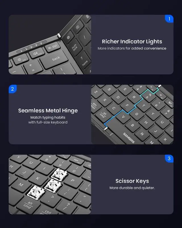Alt view image 6 of 7 - Foldable Keyboard and Mouse, Samsers Folding Bluetooth Keyboard Mouse Combo, 2.4G + BT5.0 x 2, Full-Size Portable Travel Keyboard & USB-C Rechargeable Wireless Mouse for iOS Android Windows Mac OS