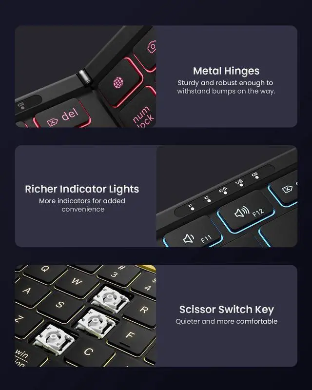 Alt view image 7 of 7 - Foldable Bluetooth Keyboard with Numeric Keypad, Samsers Full-Size Wireless Folding Keyboard with Backlight, Portable Travel Keyboard for iOS Android Windows Mac OS, Support 3 Device(BT5.1 x 3), Black