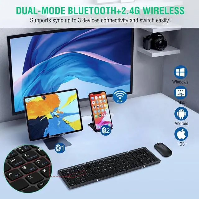 Alt view image 2 of 7 - Foldable Keyboard and Mouse, EDJO Folding Wireless Keyboard Mouse Combo with Portable Case, Rechargeable 2.4G+Bluetooth Multi-Device Keyboard Mouse for Windows, iOS, Android, MacOS PC/Laptop/Tablet